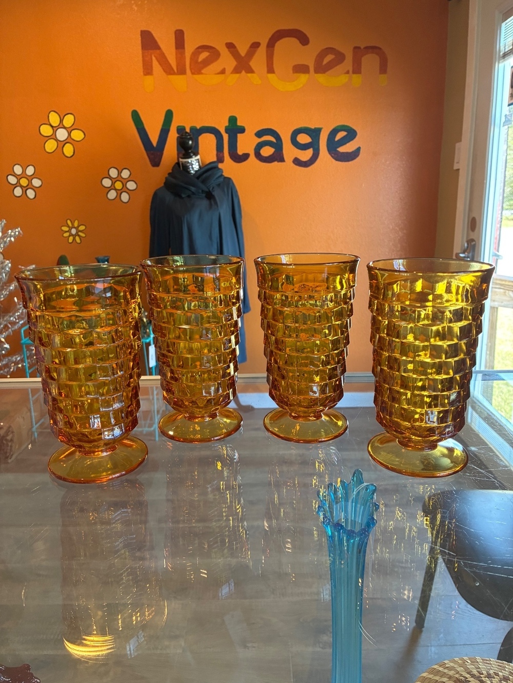 Indiana Glass Vintage Whitehall Amber Footed Glasses Set of 4 Cubist MCM